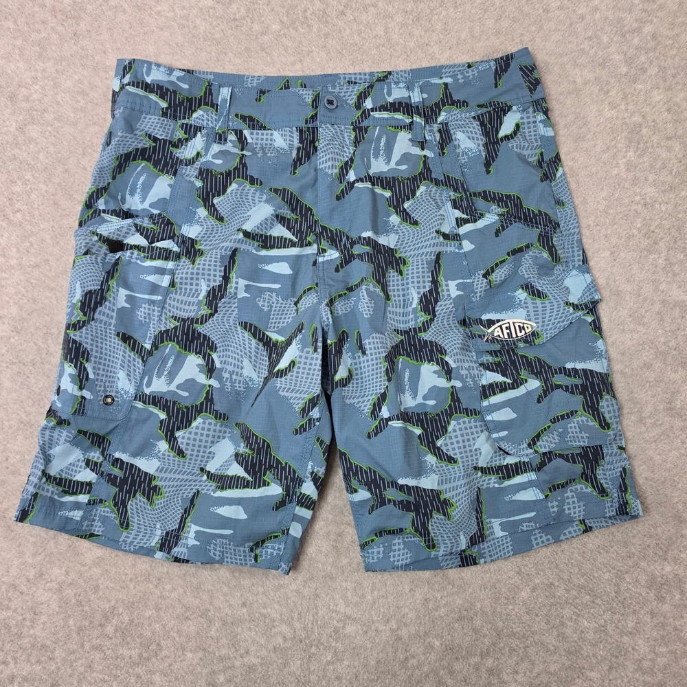 AFTCO Mens Blue Camo Fishing Cargo Shorts Size 36 Ripstop Plier Pocket